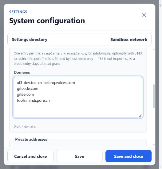 Configure the sandbox network domain allowlist